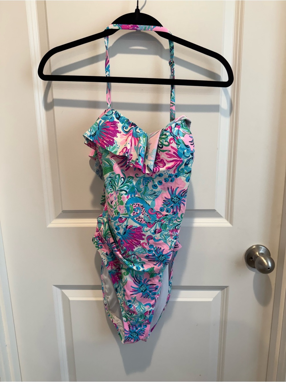 Lilly Pulitzer Ruffle One Piece Swimsuit Halter Pink Blue Print Size 12
